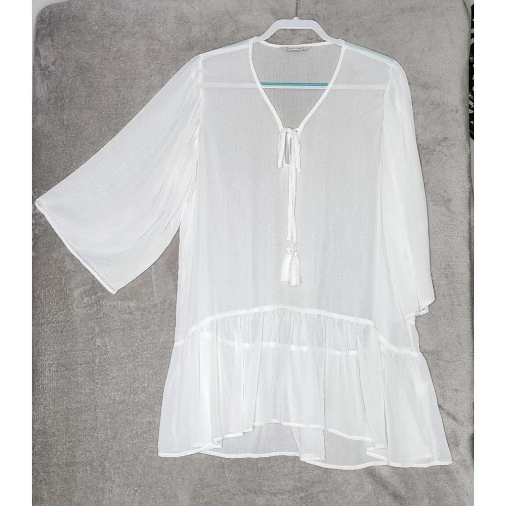 White‎ Sheer Beautiful Coquette Swim Cover Up Size XL Tie Front Western Boho
